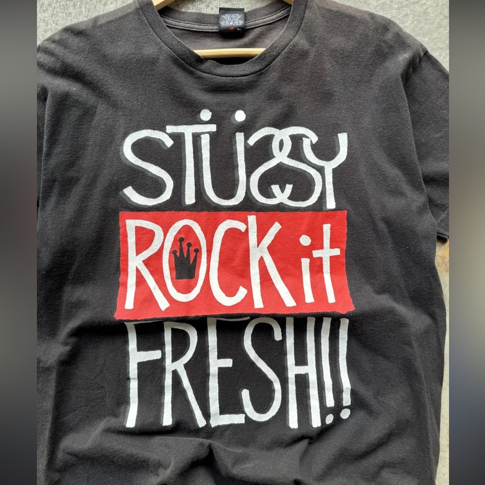 Stussy Black Tee with Red and White Graphic Rae vintage 1990’s vibe shirt
